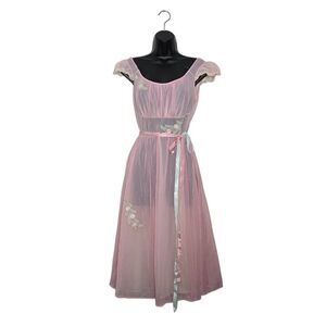 Luxite by Holeproof Vintage 50s Pink Sheer Nightgown Embroidered Babydoll Size S